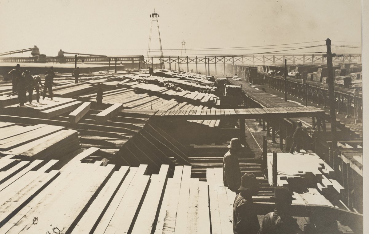 The timber docks at the Great Southern Lumber Company plant, Bogalusa, Louisiana, photographed for the federal government in 1918