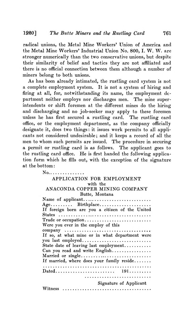 A printed journal page reproducing a blank Application for Employment with the Anaconda Copper Mining Company