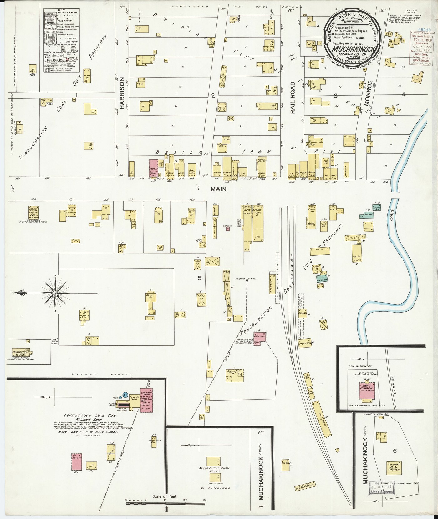 The September 1900 Sanborn fire insurance map of Muchakinock, Iowa, showing Main Street, the railroad and the Consolidation Coal Company's property and machine shop