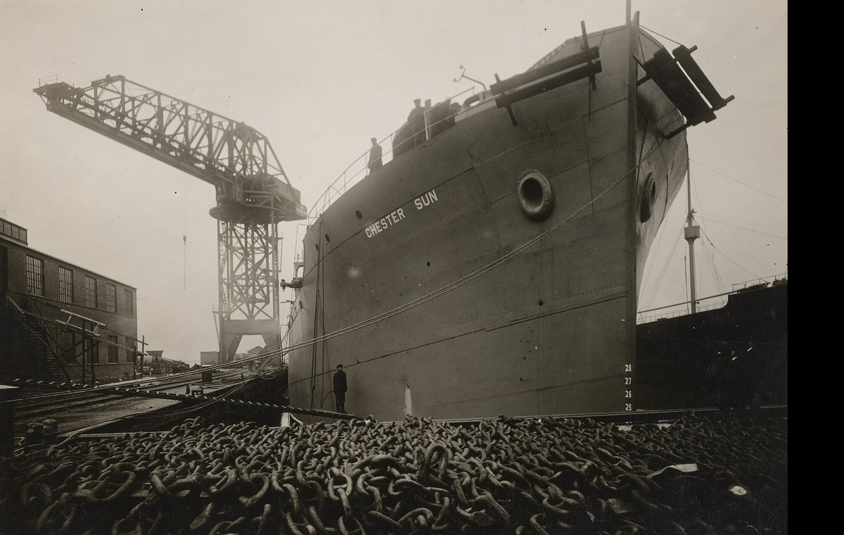 The bow of the tanker Chester Sun, the first ship built at the Sun Shipbuilding yard, fitting out at Chester in December 1917
