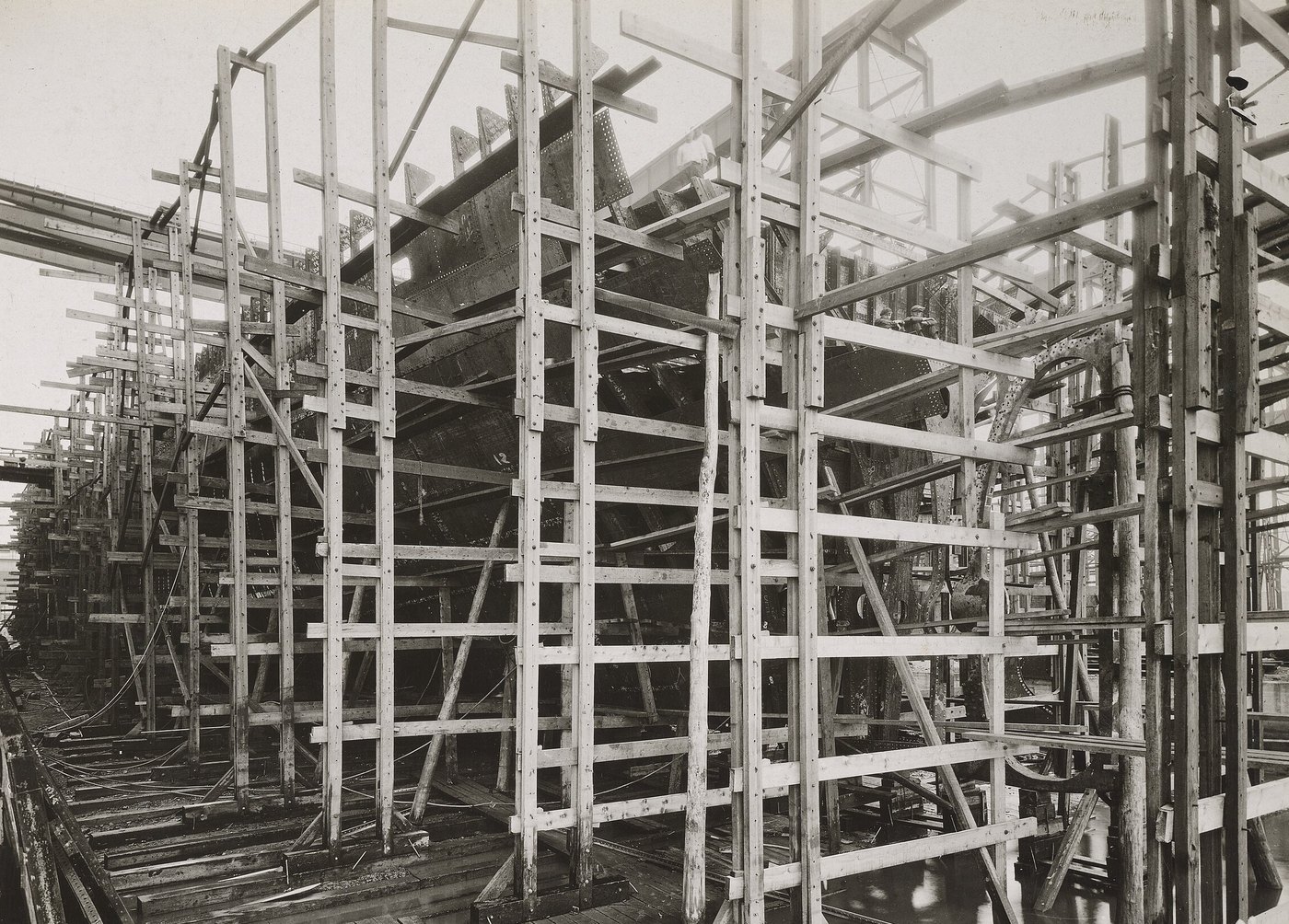 Wooden staging around the frames of Hull No. 8 on the ways at the Sun Shipbuilding yard, April 1918
