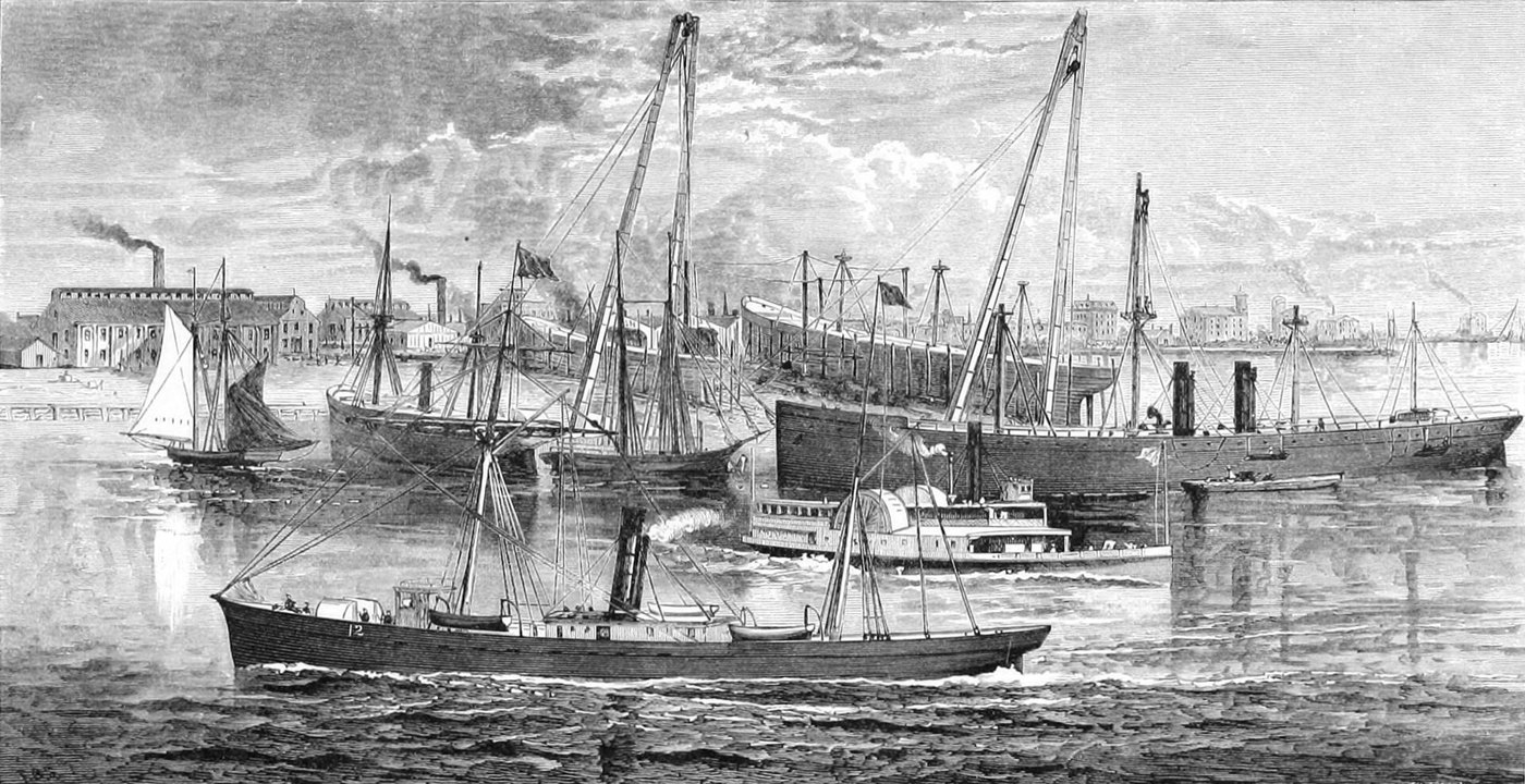 Engraving of sailing ships and steamers on the Chester waterfront around 1875