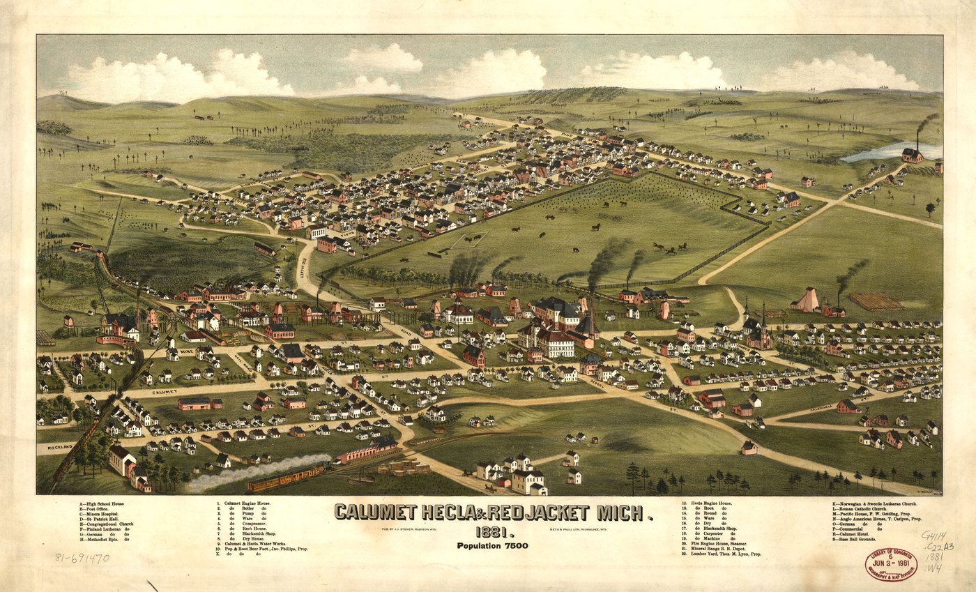 Bird's-eye view of Calumet, Hecla and Red Jacket, Michigan, 1881