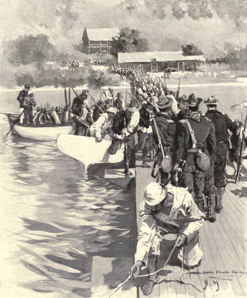 An illustration of soldiers crowding a wooden pier and stepping down into boats, buildings on a hill behind