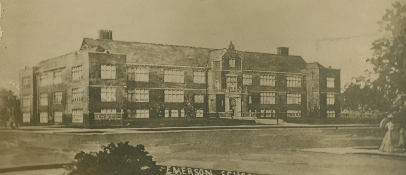 Emerson School, Gary, a large brick school building, on a postcard of 1909