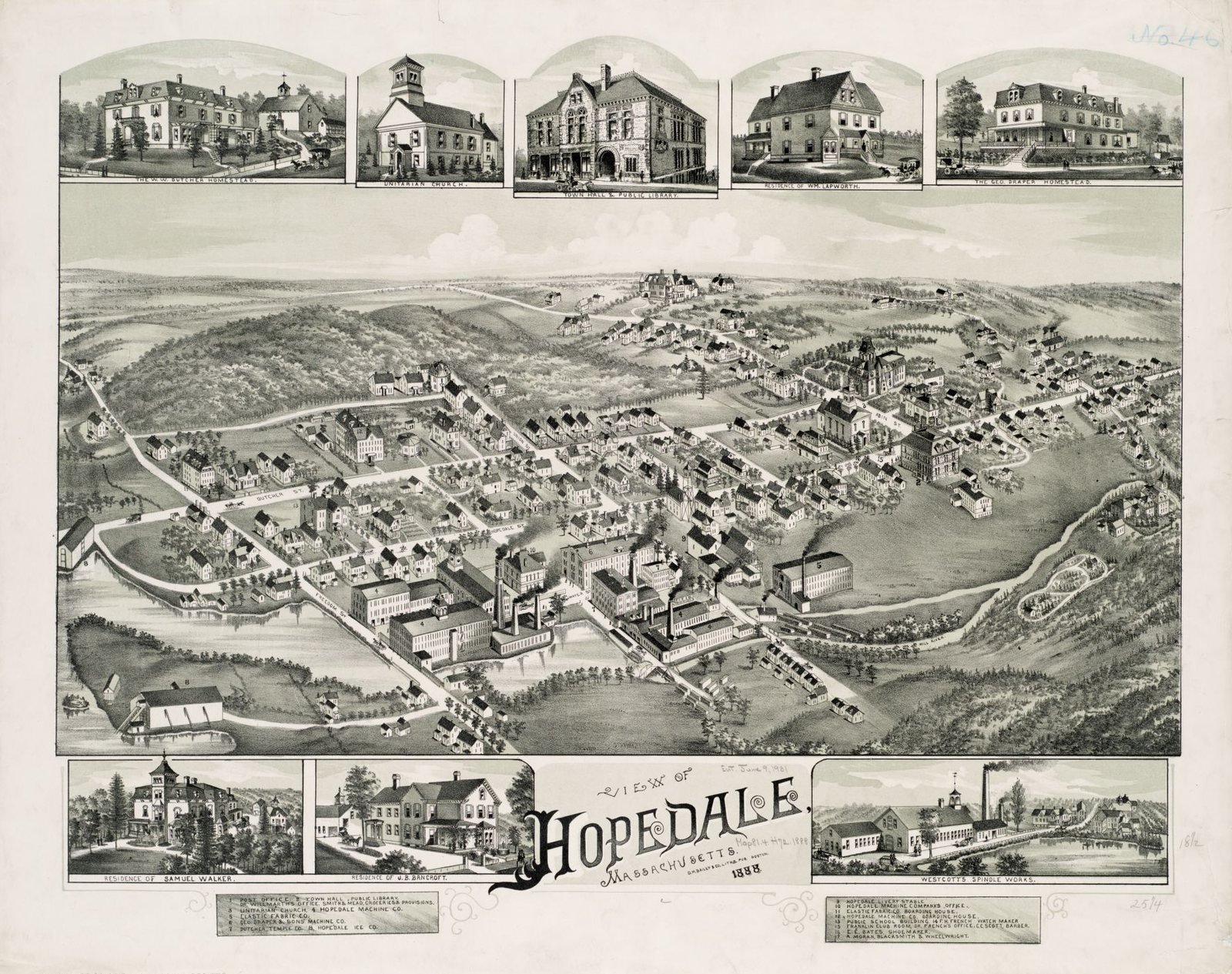 A bird's-eye lithograph of Hopedale village in 1888, with streets of houses around the works and the pond, framed by small views of buildings