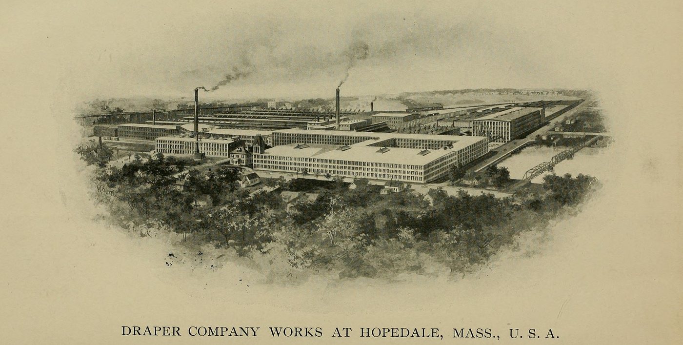 An engraved view of the long Draper Company works buildings among trees, with smoking chimneys