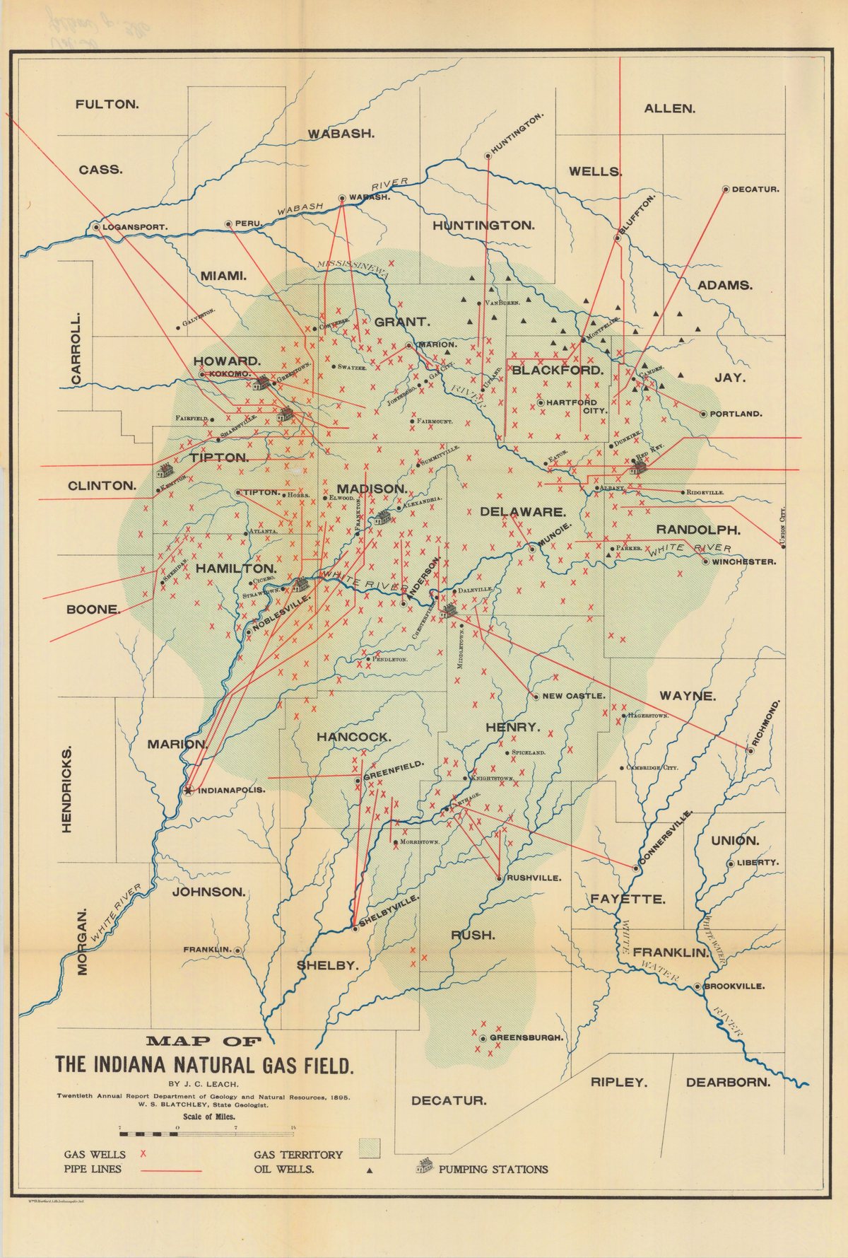 A coloured map of east central Indiana with the natural gas field shaded green, county names, and lines of gas pipelines