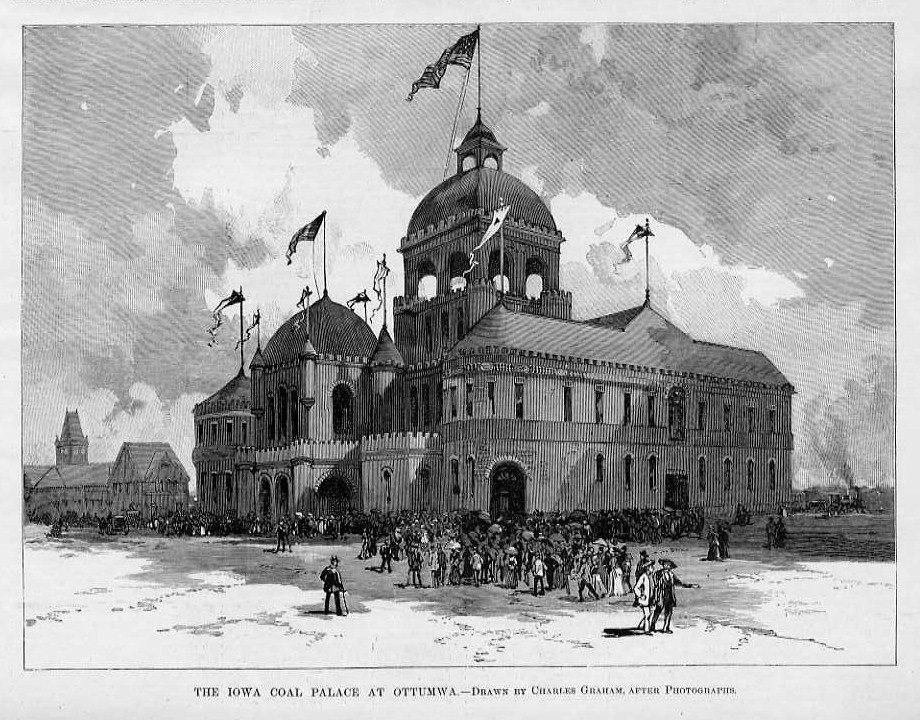An engraving of the Coal Palace with a crowd in front of it and flags on its towers
