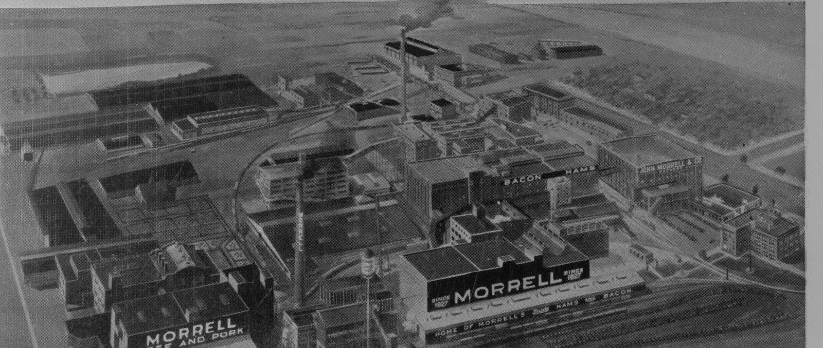 An aerial drawing of a great packing plant: rows of brick buildings and sheds by a railway, with MORRELL painted on the roofs