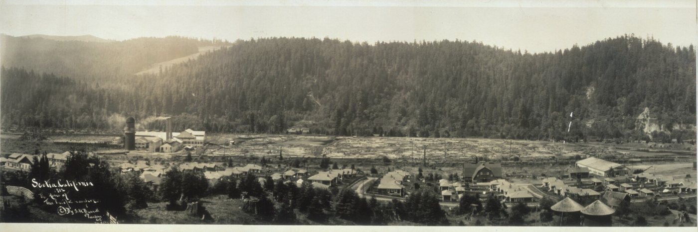 Panorama of rows of small company cottages with the sawmill, its tall burner and a wide log pond beyond, under a forested hill