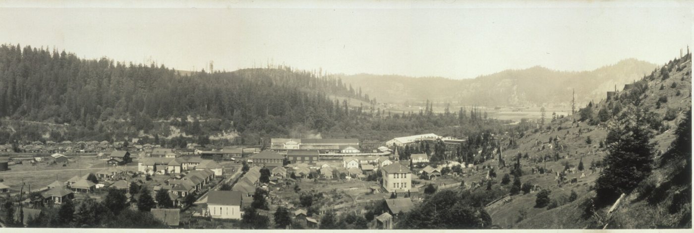 Panorama of the town: rows of cottages, a white school building and a church, and the long mill sheds behind, in a valley with logged-over hillside on the right